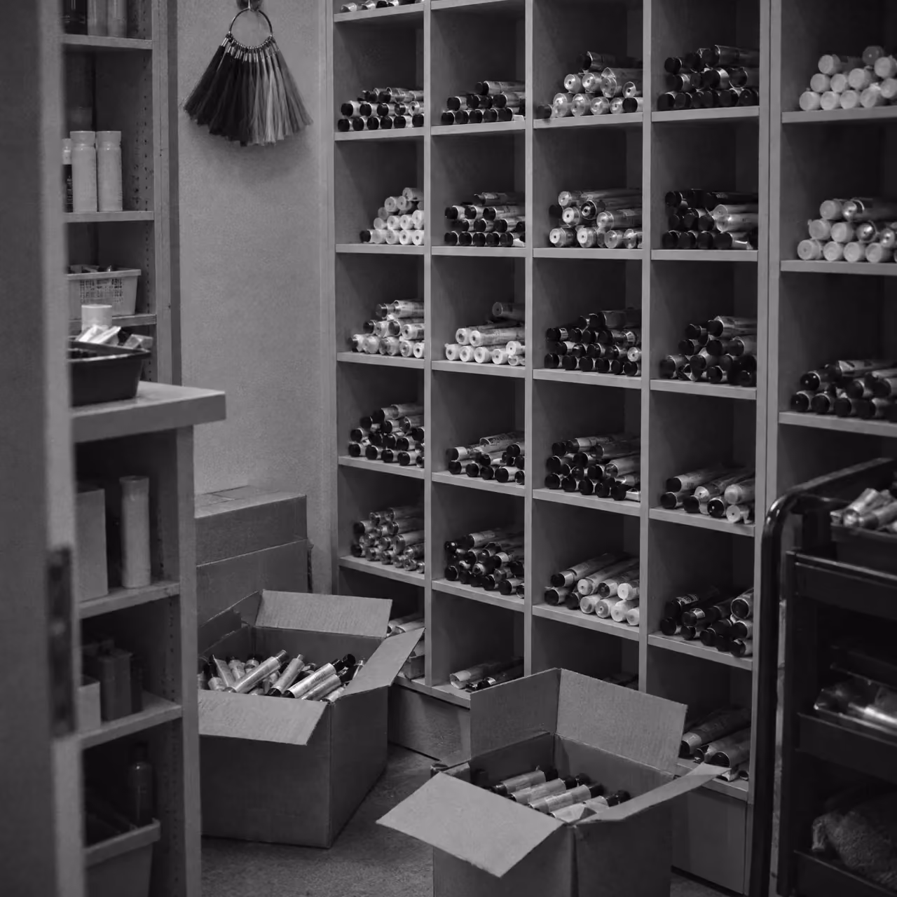 A salon back room colour shelf part way through a restock, a shade ring hanging on a hook