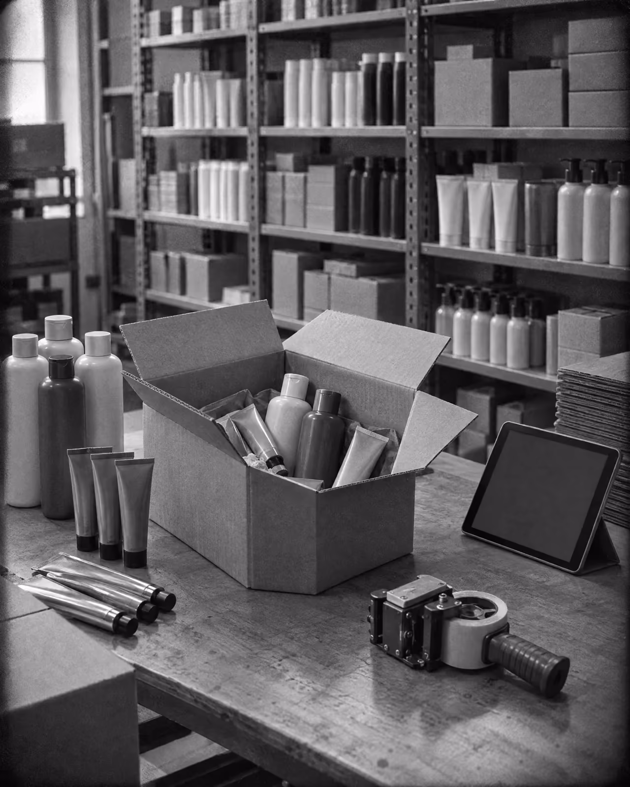 A packing bench where trade orders are picked into a carton, the order showing on a tablet beside it